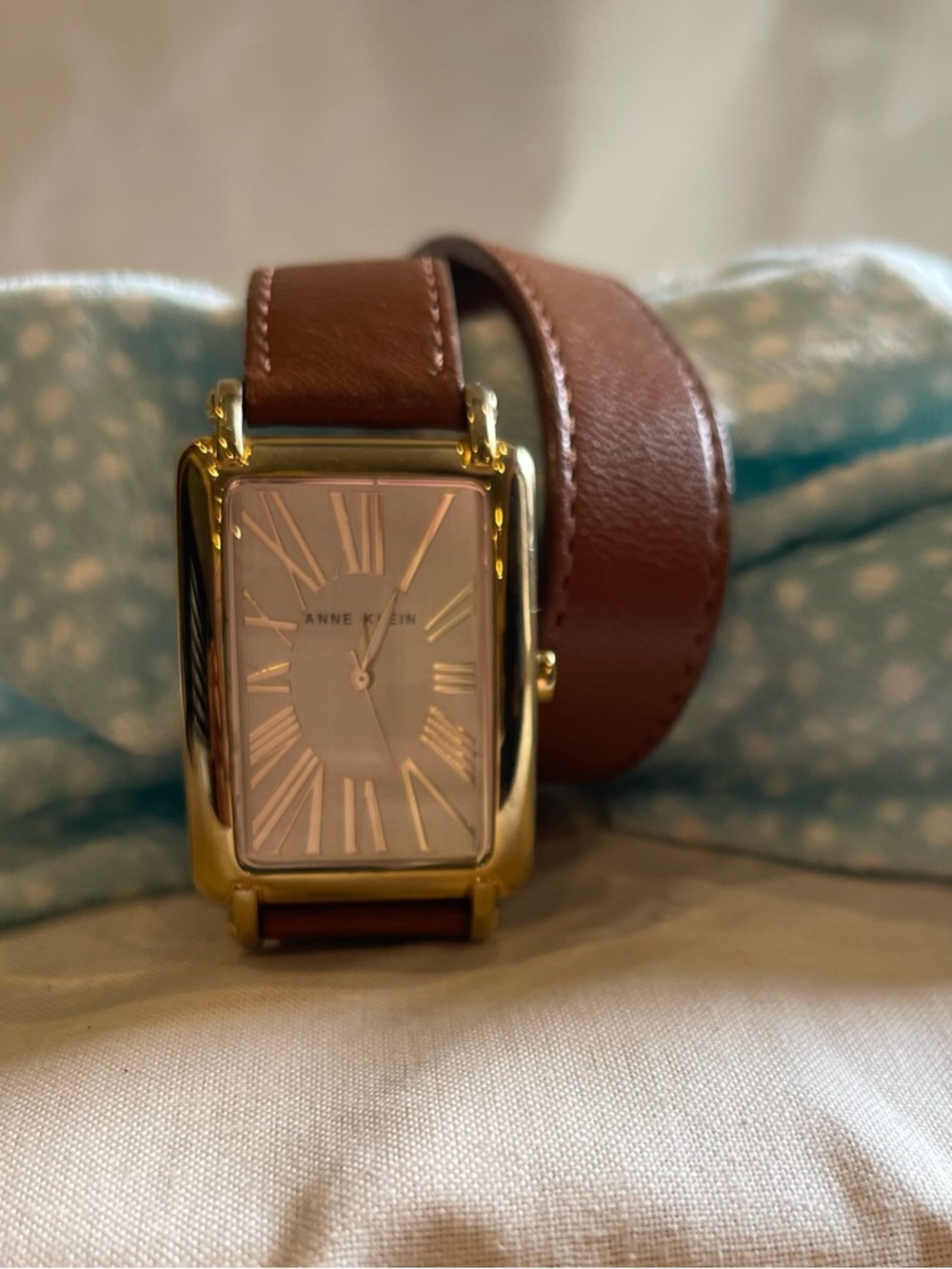 Anne Klein Gold-Tone Rectangular Watch with Brown Leather Wrap Strap